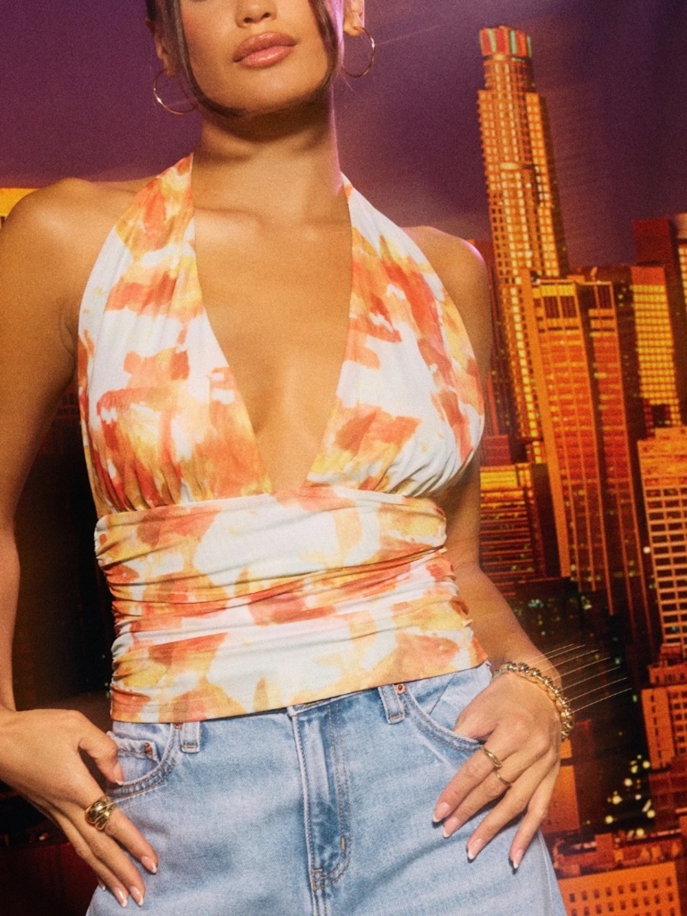 Lulus Ayaka Light Blue and Orange Abstract Mesh Halter Top